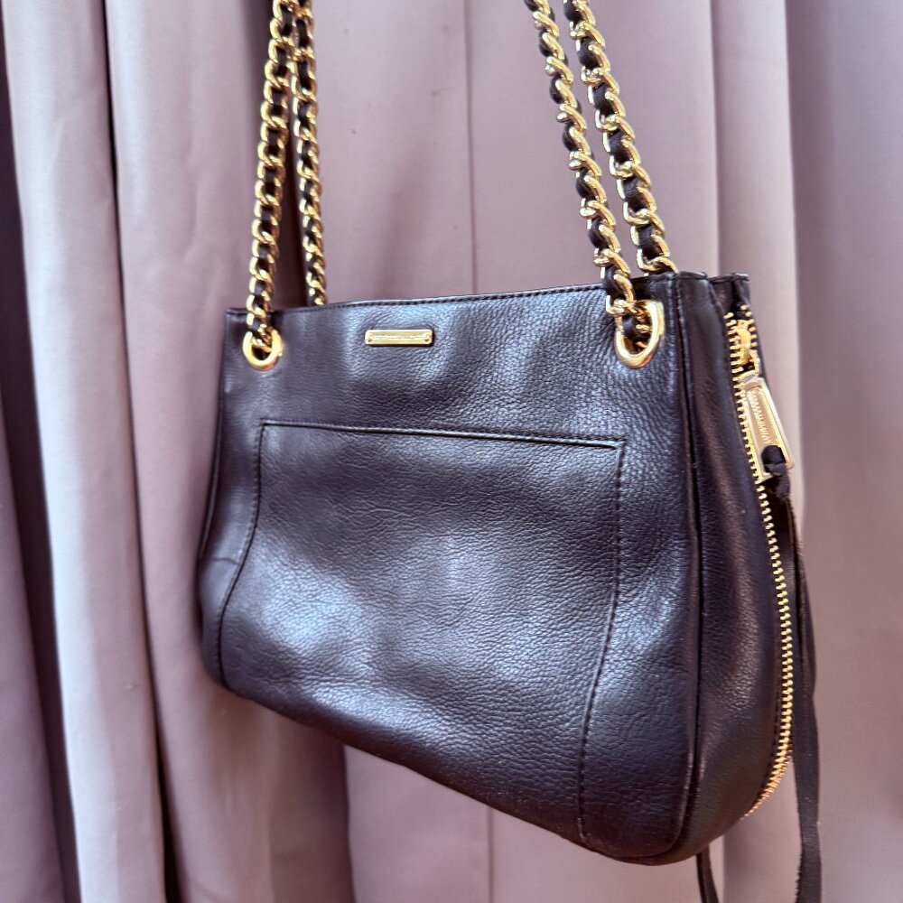 Rebecca Minkoff Black Leather Shoulder Bag with Gold Chain and Fringe Zipper